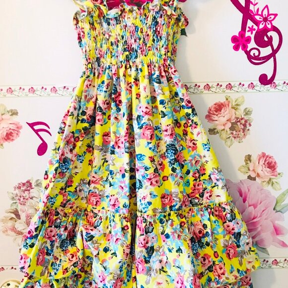 Lilli Lovebird Yellow Rose Flared Layered Floral Cotton Dress Girls 10 - Picture 4 of 7